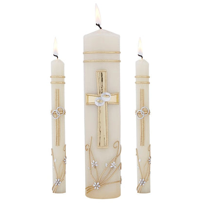 Needzo Wedding Unity Candle Set for Ceremonies, Gold Tone and Silver Toned Ornate Centerpiece Candles, 3 Pieces Included