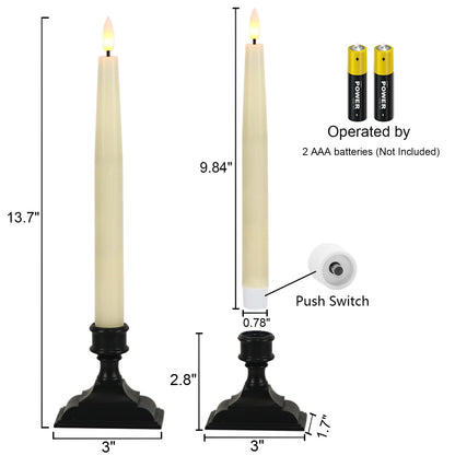 GenSwin Christmas Window Candles with Remote Timer, 3 Pcs Battery Operated Window Candles, Real Wax LED Flameless Taper Candle with Black Flameless Candlesticks for Home Decor(Ivory)