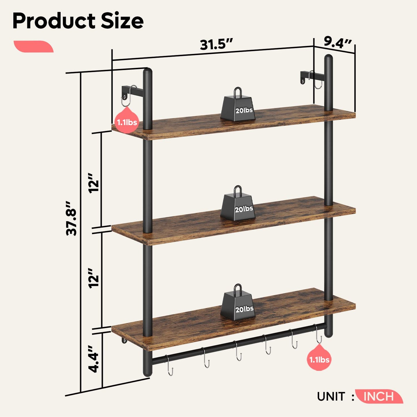 Bestier Floating Pipe Shelving Kitchen Shelves, 31" Wall Mounted Shelf 2 Tier & 3 Tier Bundle, Rustic Brown