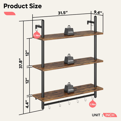 Bestier Floating Pipe Shelving Kitchen Shelves, 31" Wall Mounted Shelf 2 Tier & 3 Tier Bundle, Rustic Brown