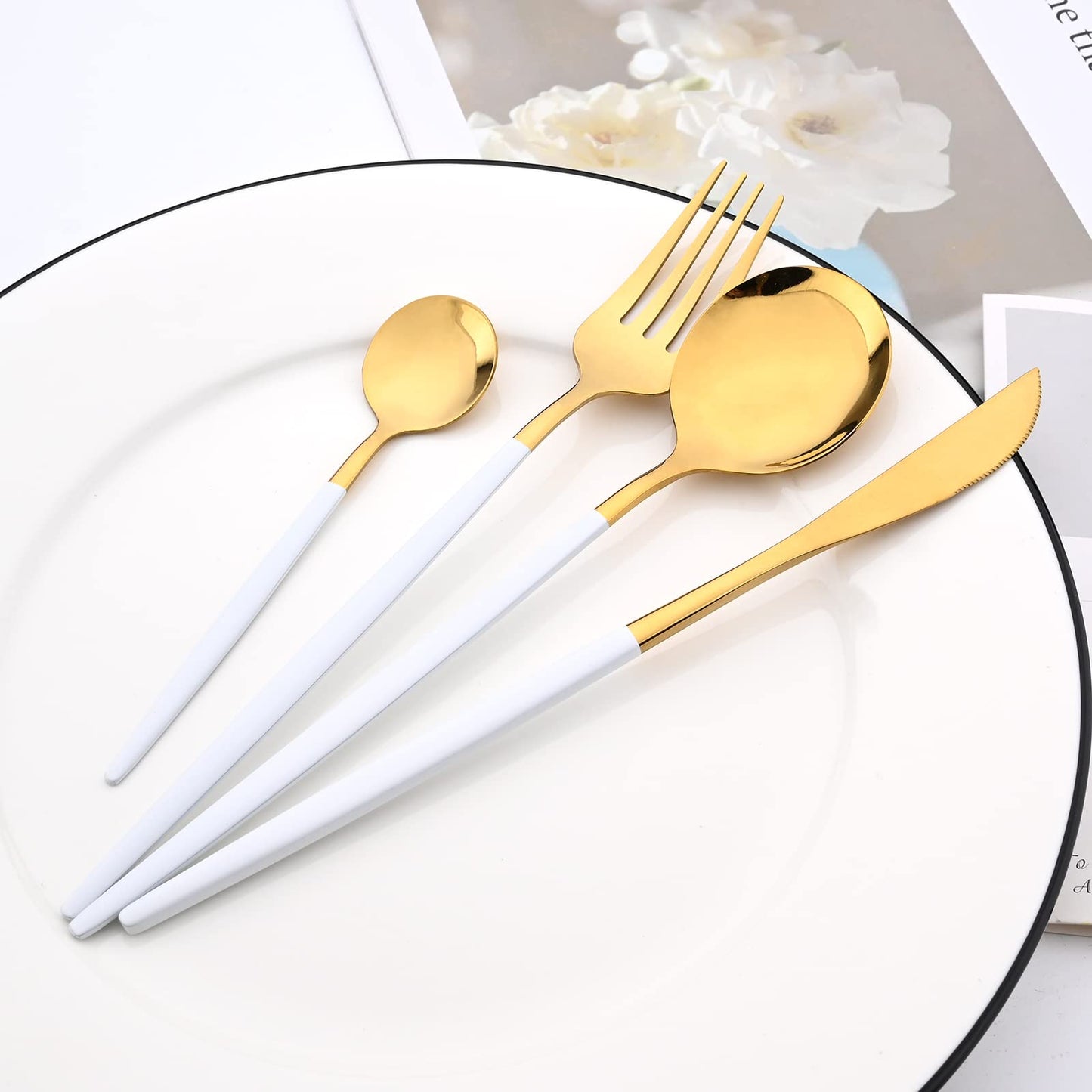 Snplowum Mirror Cutlery Serving Set, 24-piece 18/0 Stainless Steel Silverware With White Handle Simple & Modern Tableware For Home Party Restaurant Christmas Dinner, Service For 6 (White Gold)