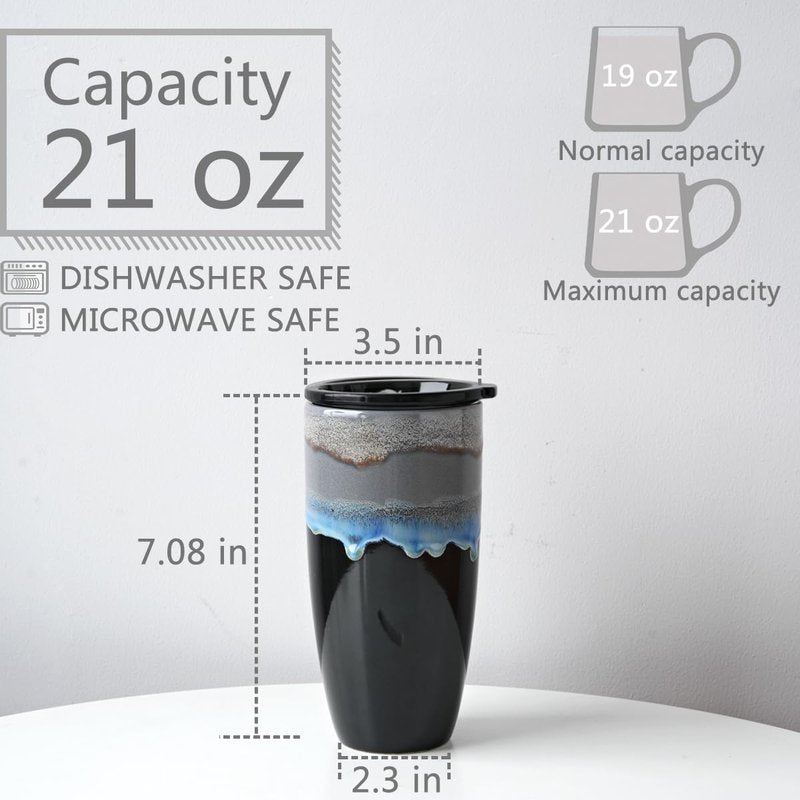 Bosmarlin Ceramic Travel Coffee Mug with Lid, 21 oz, Portable Coffee Cup for Car Cup Holder, Microwave and Dishwasher Safe, Reactive Glaze
