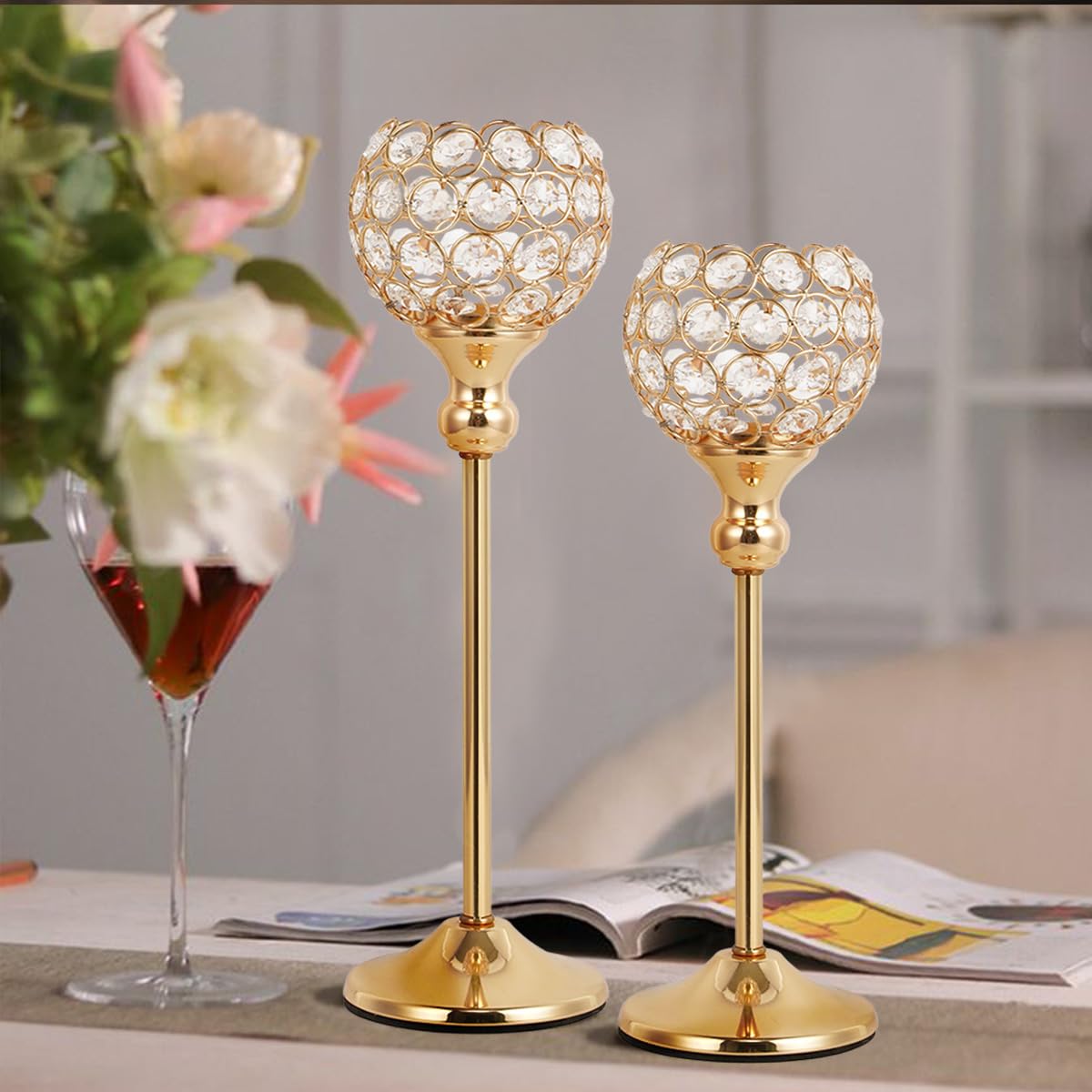 VINCIGANT 16PCS Gold Crystal Candle Holders Pillars for Wedding Decoration,Votive Crystal Candle Holders for Dinner Table Room Party Rhinestone Decorative