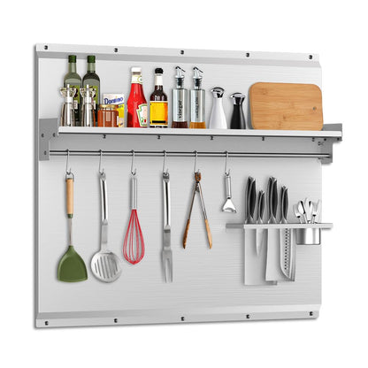 VENFAN 48"x 30" Stainless Steel Backsplash, Range Backsplash with Storage Shelf & Knife Rack, Stainless Steel for Stove Wall Shield with Pre-Drilled Holes