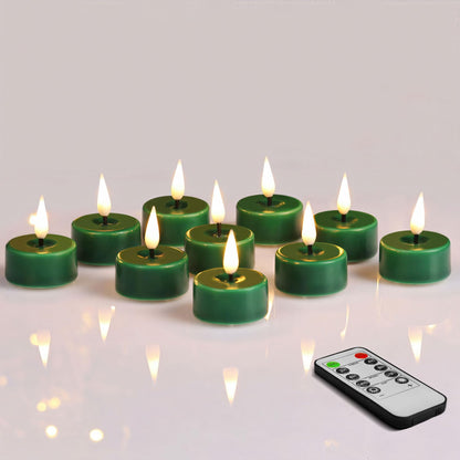 Eywamage Green Flameless Wax Tealights with Remote Batteries, Flickering LED Tea Votive Candles Set of 10