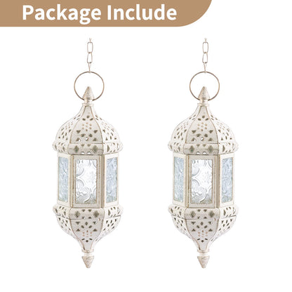 2 Pcs Moroccan Lantern Metalwork Hanging Tealight Candle Holder Metal Glass Indoor Outdoor Battery Operated LED Flameless with 35cm Chain, White