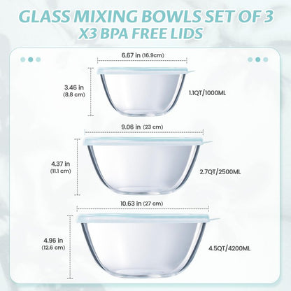Luvan Glass Mixing Bowls with Lids Set(4.5QT, 2.7QT, 1.1QT)-Large Glass Mixing Bowls, Clear Salad Bowl for Baking, Cooking, Serving, Food Prep, 3PC Nesting Bowls for Kitchen Storage & Dishwasher Safe