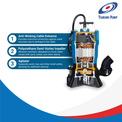 Tsurumi Pump HS2.4S Submersible Trash Pump with Agitator 1/2 HP 115V 2 in Discharge Ideal for dewatering applications with sand, solids, and other debris | 39 GPM / 2340 GPH