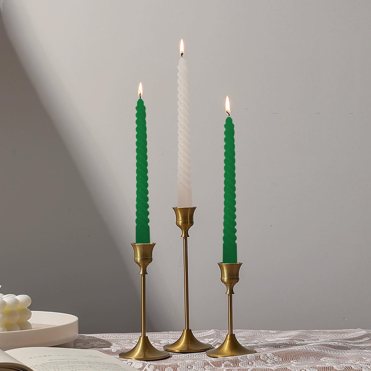 Topsics Taper Candles, Spiral Twisted Taper Candles Set of 4, Unscented Taper Candlesticks 10 inch Tall, Home Decor Kitchen Decor Wedding Decorations (Green)