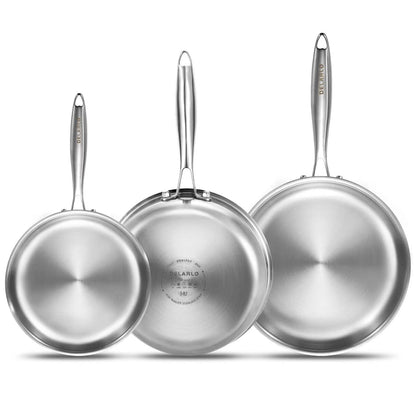DELARLO Whole Body Tri-Ply Stainless Steel Frying Pan set, 8”/10”/12” Cooking pans, Kitchen Cookware Set, Fast Heating Chef's pan with Ergonomic Handles, Suitable for All Stove
