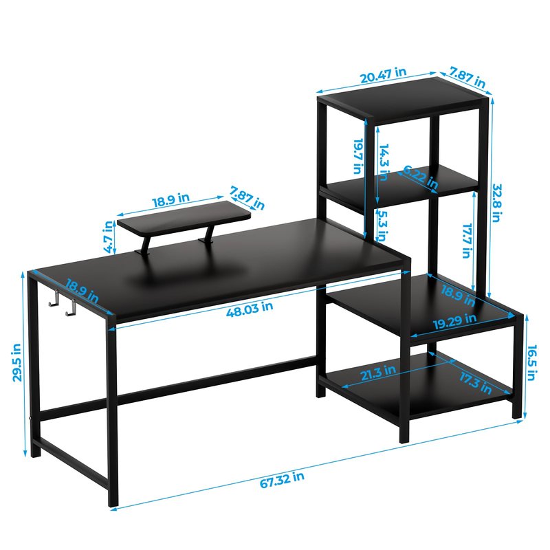 GreenForest Computer Desk 67 inch with Printer Shelf, Reversible Office Desk with Monitor Stand and 2 Hooks, Home Desk Workstation for Study Writing Working Gaming, Black