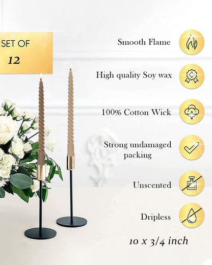 LPUSA Brown Tall Taper Candles Spiral Candle Sticks,Unscented Pastel Candle for Holiday,Wedding and Home Decoration,10inch,12 Pack(E-Gradient Brown)