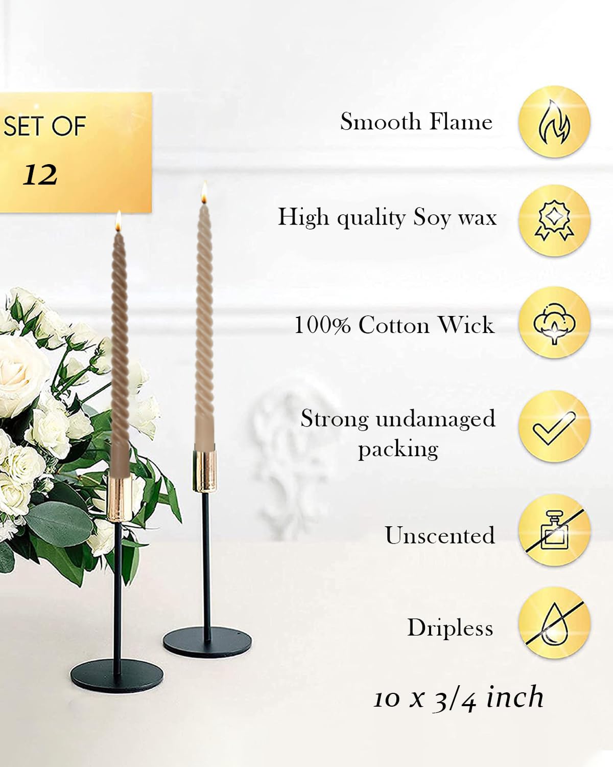 LPUSA Sahara Beige Taper Candles Brown Spiral Candle Sticks,Unscented Dripless Long Candlesticks for Holiday,Wedding and Fall Decoration,10inch,12 Pack,E