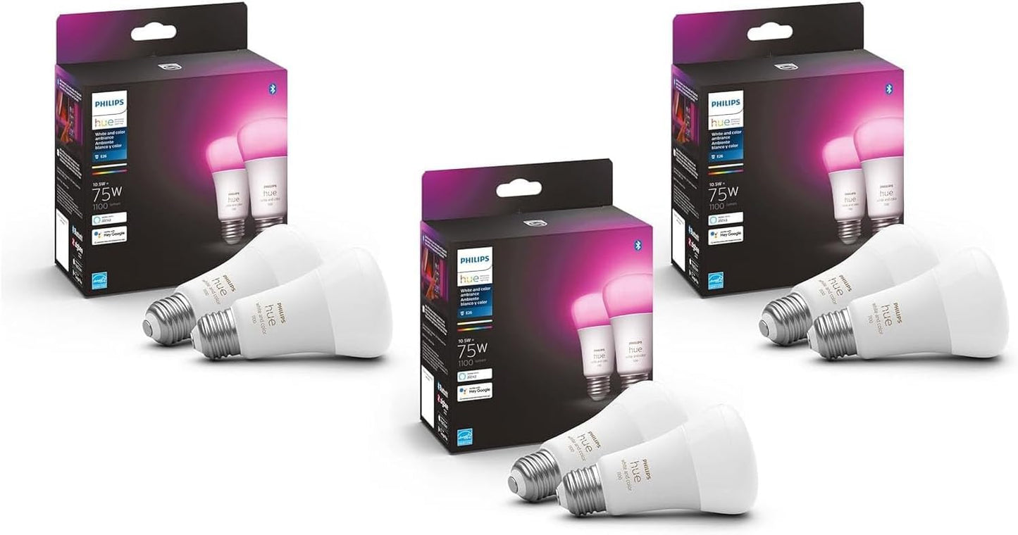 Philips Hue Smart 75W A19 LED Bulb - Soft Warm White Light - 2 Pack - 1100LM - E26 - Indoor - Control with Hue App - Works with Alexa, Google Assistant and Apple Homekit