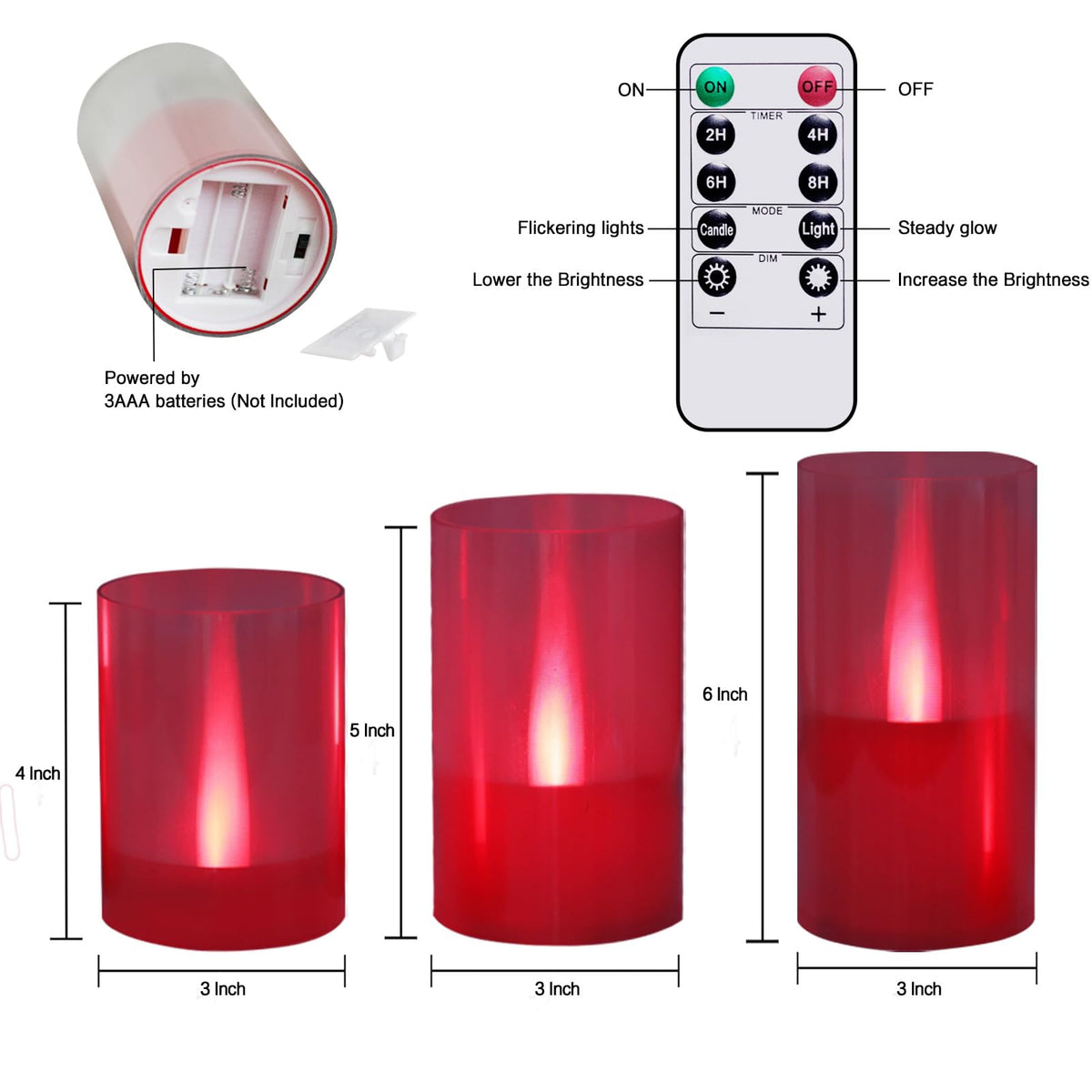 LANKER Flameless Candles with Remote Control and Timer, Battery Operated LED Pillar Candles, Romantic Light, Set of 3 (Red)