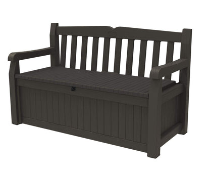 Keter Solana 70 Gallon Storage Bench Deck Box for Patio Furniture, Front Porch Decor and Outdoor Seating – Perfect to Store Garden Tools, Brown/Brown