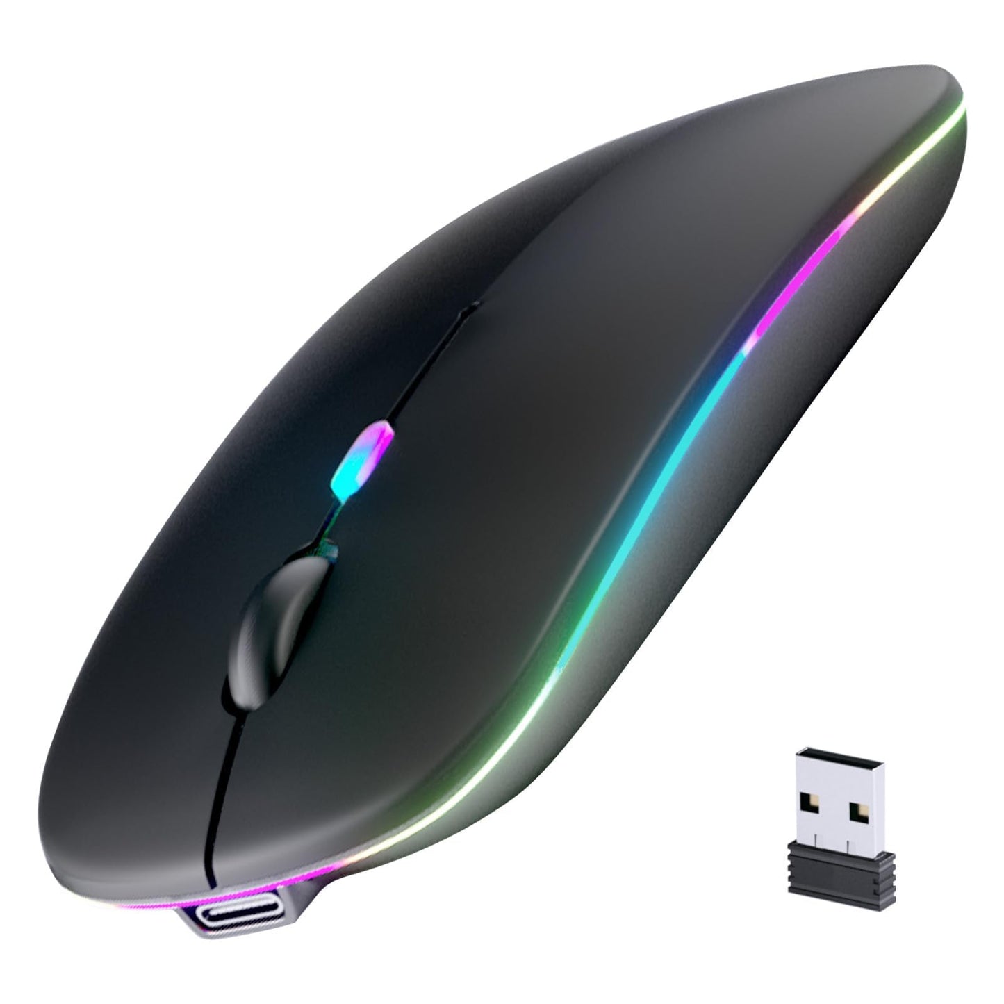 Wireless Bluetooth Mouse, Rechargeable, LED, Silent, Ultra-thin Design (Bluetooth 5.2 and 2.4GHz USB Receiver) | Portable Computer Mouse for Laptops, iPads, MacBooks and Apple Devices (Black)