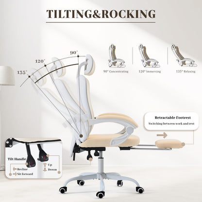 Ergonomic Office Chair with Retractable Footrest, 400LBS Capacity,Synchronized Armrest, Breathable Mesh, Adjustable Lumbar Support
