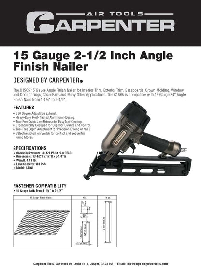 Carpenter C1565 15 Gauge Finish Nailer | Pneumatic | 15 Gauge Nails from 1-1/4 Inch up to 2-1/2 Inch | 34 Degree Angle Finish Nailer