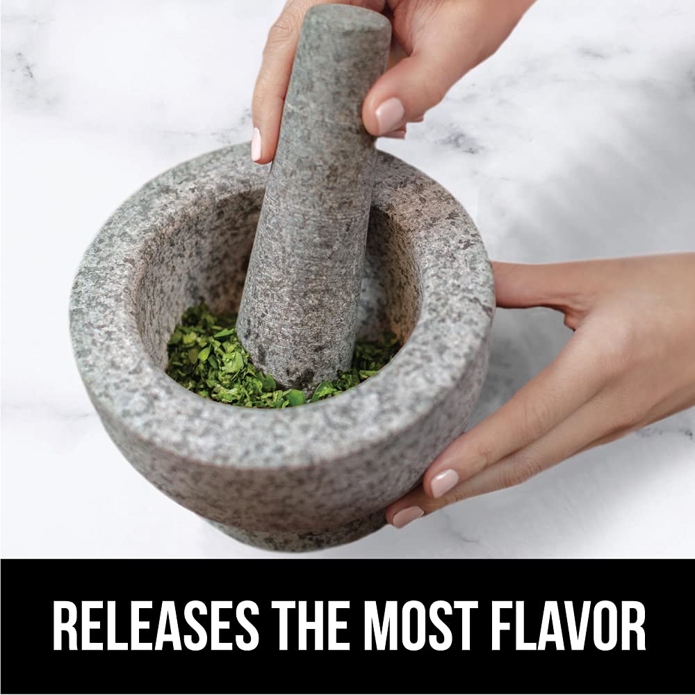 GORILLA GRIP Heavy Duty Mortar and Pestle Set with Slip Resistant Base, 100% Granite Stone Molcajete Guacamole Bowl, Grind Seeds Spices, Crush Garlic, Kitchen Muddler for Fresh Herbs, 1.5 Cup, Gray