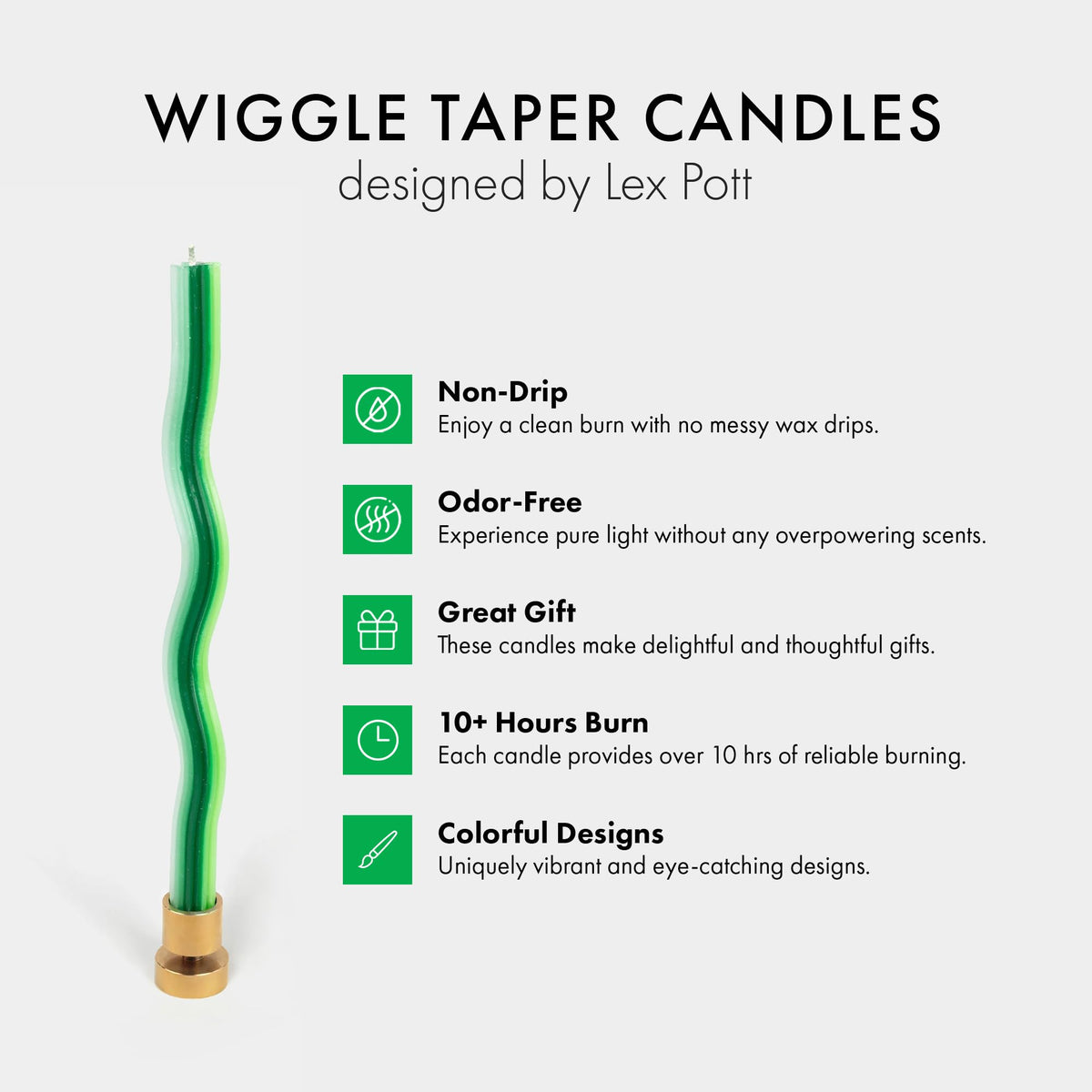 Wiggle Candles (2 Pack) - Joyful Dancing Design Taper Candlesticks | Bright Colors | 7/8” diam x 11” Length | Designed by Lex Pott | Made in USA (Triple Green)