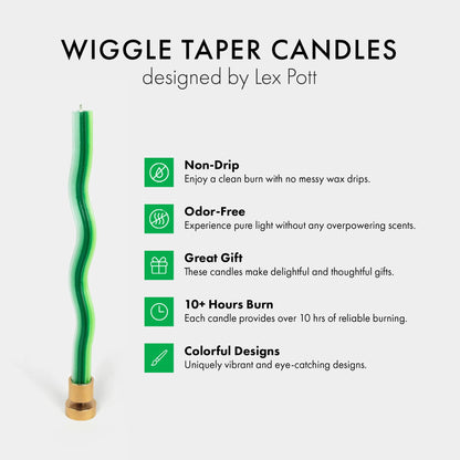 Wiggle Candles (2 Pack) - Joyful Dancing Design Taper Candlesticks | Bright Colors | 7/8” diam x 11” Length | Designed by Lex Pott | Made in USA (Triple Green)