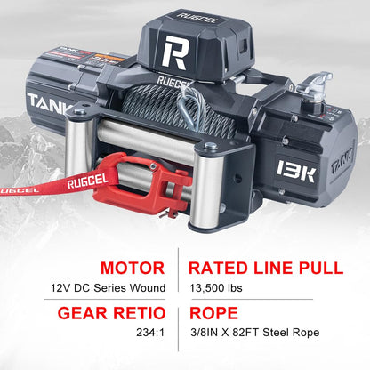RUGCEL 13500lb Waterproof Electric Winch – 12V Steel Cable (82' x 7/16") with Roller Fairlead, 2-in-1 (Wireless + Wired) Remote, for Truck, SUV & Trailer