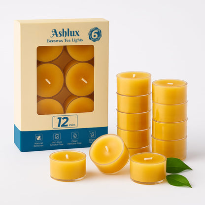 Ashlux 6 Hours Beeswax Tealights Candles, 12 Packs Pure Beeswax Tea Lights