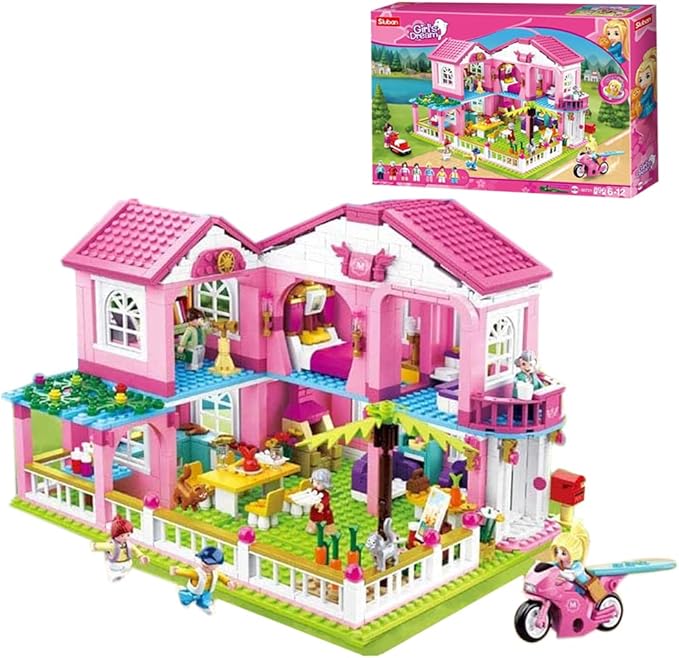 SlubanKids Girls Dream Villa Building Sets for Kids Colorful 3D 896 Pc Stackable Toys DIY Villa Building Creative Play Includes People DIY Design Building Kit Play Set Toys for Kids Aged 6-12