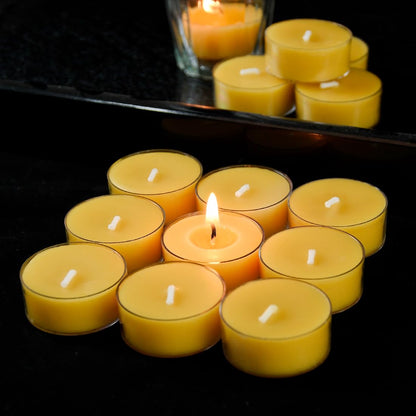 JONERAY 32 Packs Pure Beeswax Tealight Candles Bulk - Clear Cup, Natural Handmade Tea Candles for Dinner Table (Yellow)