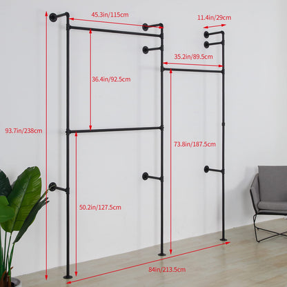 EDCB Wall Mounted Industrial Pipe Clothing Rack Garment Racks Pipeline Vintage Rolling Rack On Wall, Heavy Duty Rustic Gold Metal Garment Frame for Bedroom, Living room (Black)