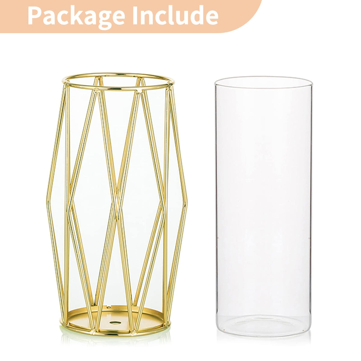 Nuptio Gold Pillar Candle Holder: Glass Hurricane Candles Holders with Geometric Metal Rack Stand for Wedding Birthday Party Centerpieces - Decorative Flower Vase for Office Living Room