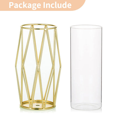 Nuptio Gold Pillar Candle Holder: Glass Hurricane Candles Holders with Geometric Metal Rack Stand for Wedding Birthday Party Centerpieces - Decorative Flower Vase for Office Living Room