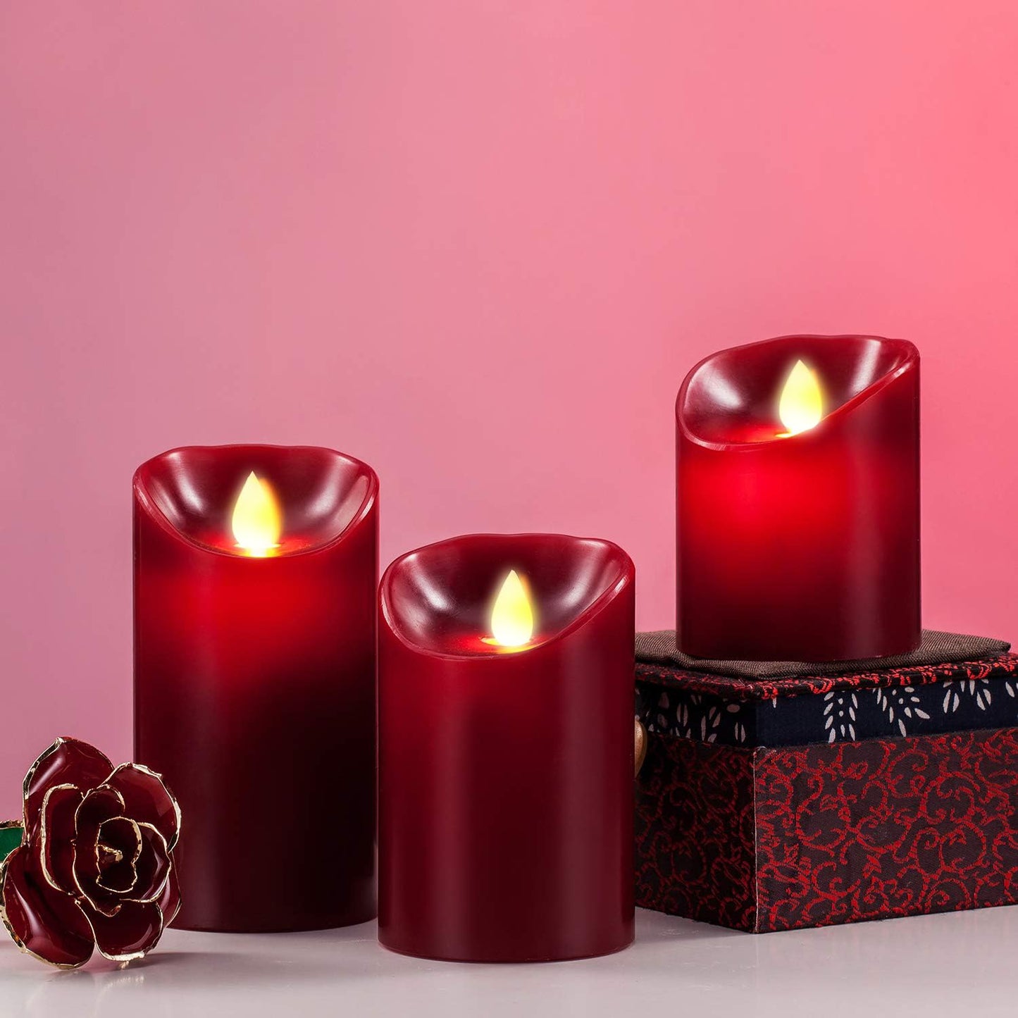 Enpornk Flameless LED 4/5/6-Inch Drip-Less Wax Pillar Candles - Real Wax & Real Flickering Candle Motion - with Remote 24-Hour Timer Function,Burgundy Color,Sets of 3