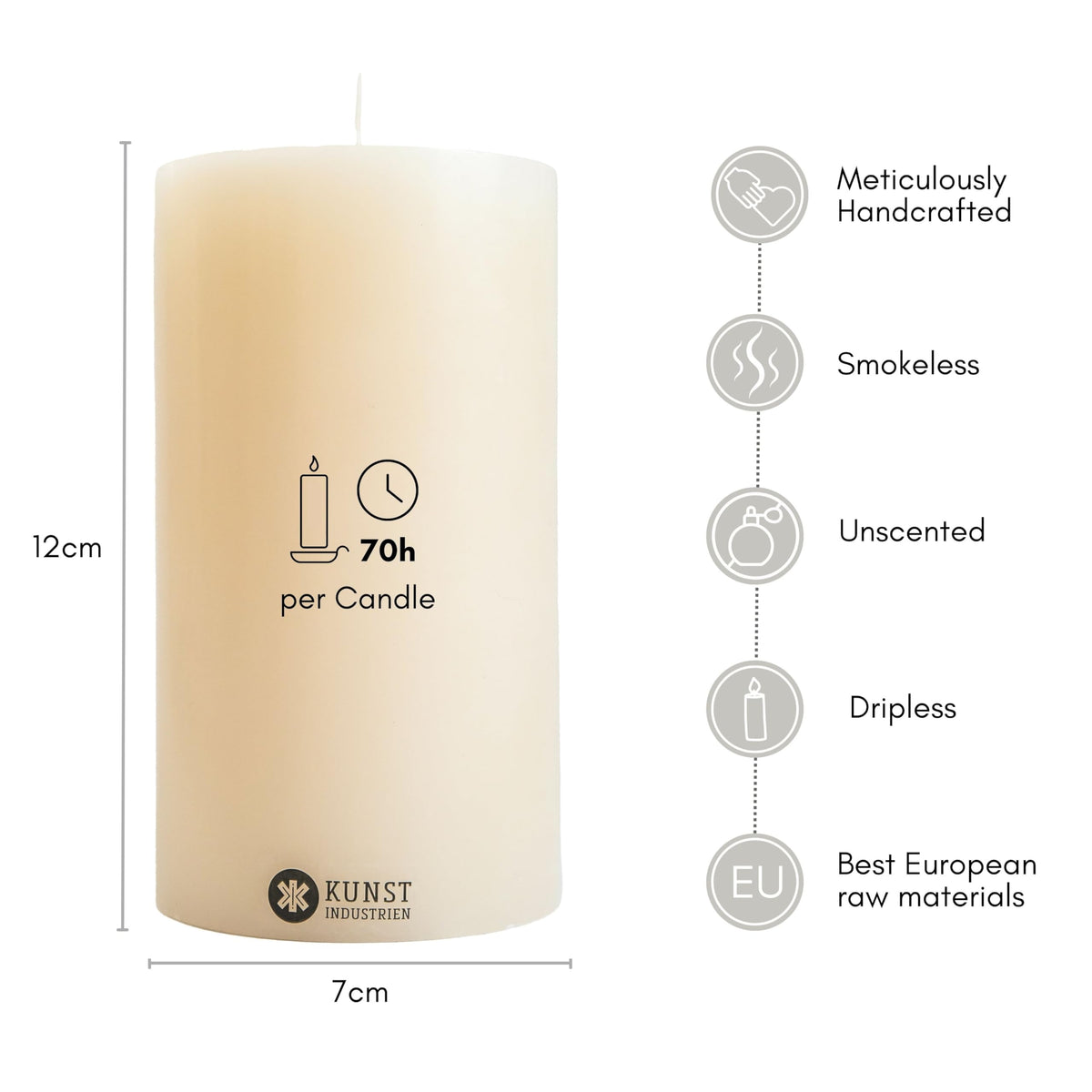 Pillar Candles, Handmade in Europe, 4 Pack – RSPO Certified, Dripless & Smokeless Velas, Long Burning Candles 70 Hours per Large Candle, Unscented Candle Set (4 pcs, Ø 2.8 in x H 4.7 in, Off-White)