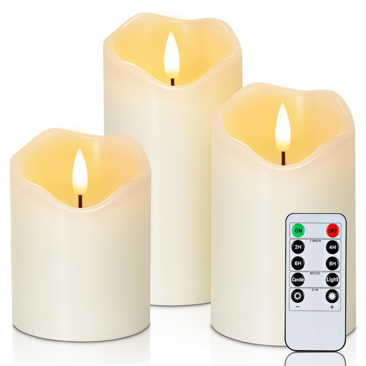 Homemory Flickering Flameless Candles, Realistic LED Candles with Remote and Timer, Real Wax Battery Operated Candles, Set of 3, Ivory