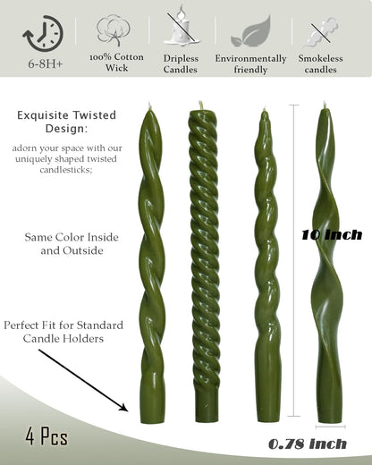 Olive Green Taper Candles Spiral Candlesticks Unscented Smokeless Tall Candles for Wedding Holiday Dinner Party Home Decorative candles-10inch,4pcs