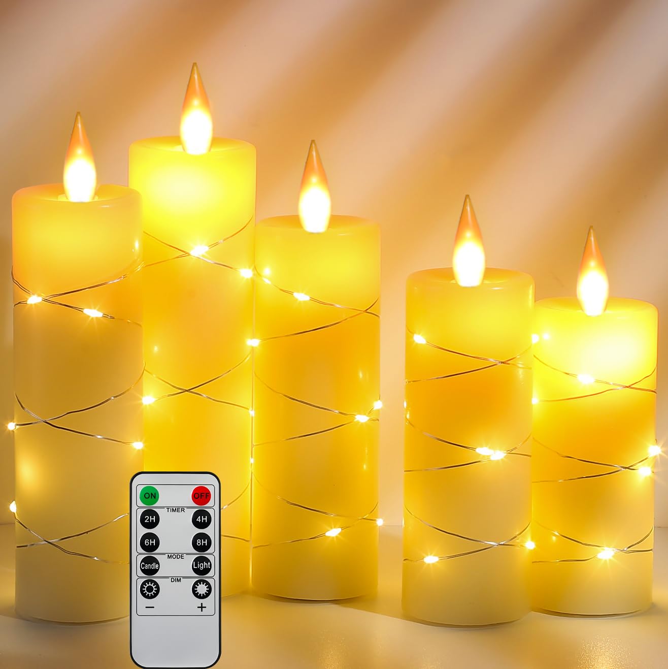 Da by 5 Pack Ivory Real Wax Flameless Taper Candles, Lifelike Flickering LED Flame Candles with Surrounding Fairy String Lights, Battery Candles with Remote for Home Wedding Holiday Decor