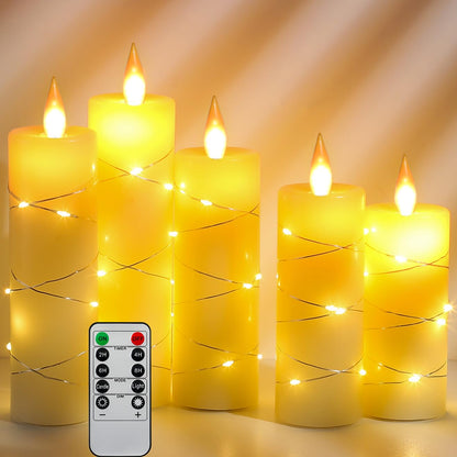 Da by 5 Pack Ivory Real Wax Flameless Taper Candles, Lifelike Flickering LED Flame Candles with Surrounding Fairy String Lights, Battery Candles with Remote for Home Wedding Holiday Decor