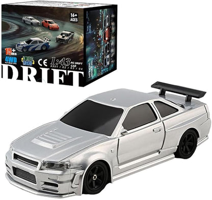 HERR RC Electric Mini Racing Drift Car Model 1:43 Scale 2.4G Full Scale Linkage Light Set Max Speed 15km/h Indoor Mini RC Toys Hobbyist Gift Black White (RTR Version/Silver)