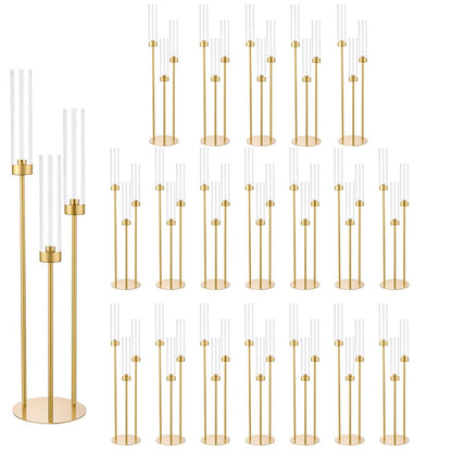 Vincidern 20pcs Gold Candelabra with Acrylic Lampshade, 3 Arm Taper Candle Holder, 33.8 in Tall Metal Candlestick for Table Centerpieces, Halloween, Christmas, Wedding Decor