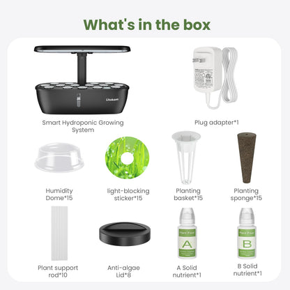 litokam Hydroponics Growing System Kit, 15 Pods Indoor Herb Garden with Smart APP & Quiet Pump, 24W LED Light, Auto Timer, Indoor Garden for Herbs, Vegetables & Flowers, Ideal Gift for Plant Lovers