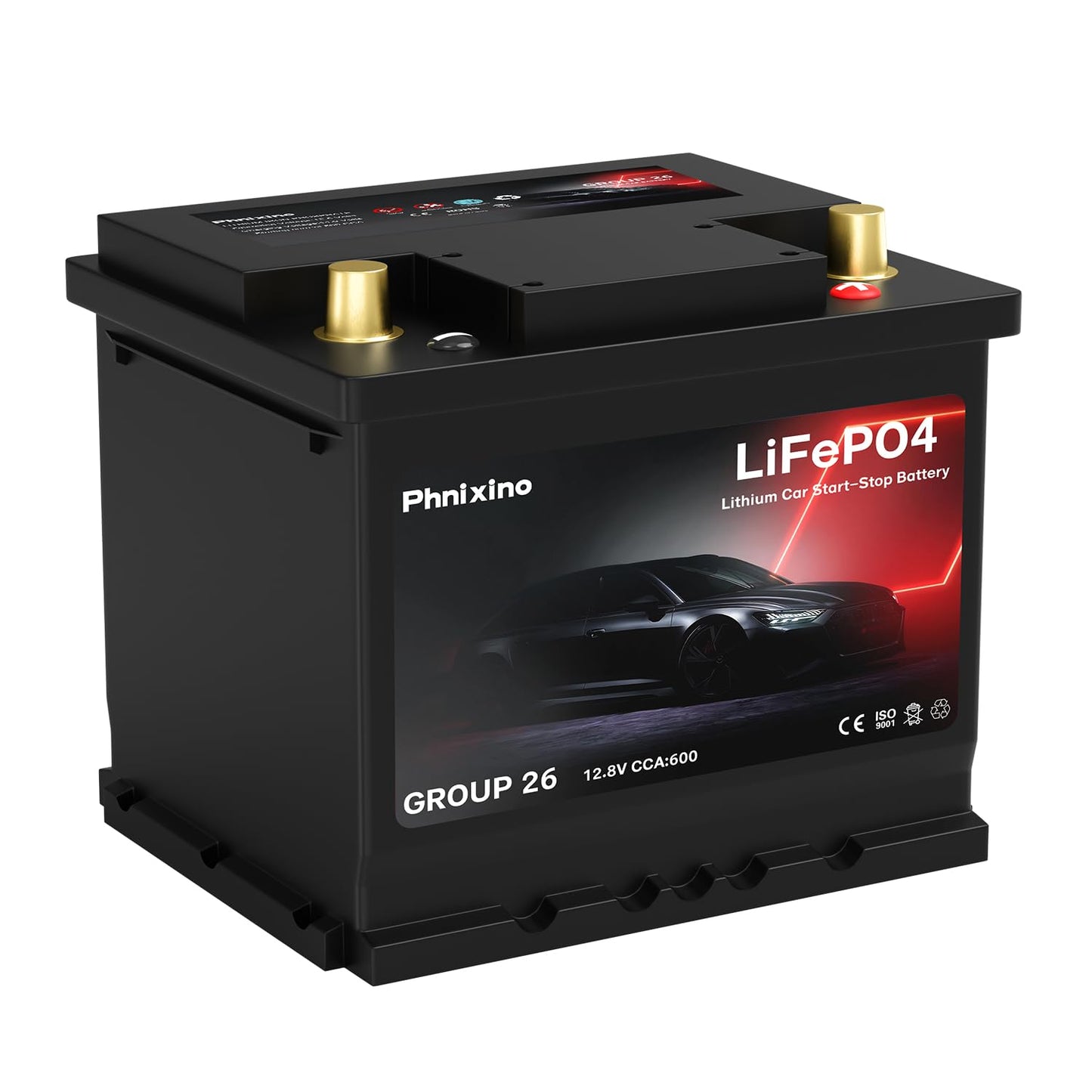Lithium Car Battery 12V Group 26 Start and Stop, 512WH 600CCA LiFePO4 Automotive Battery For Car, Dimensions 8.14" L x 6.88" W x 7.08" H