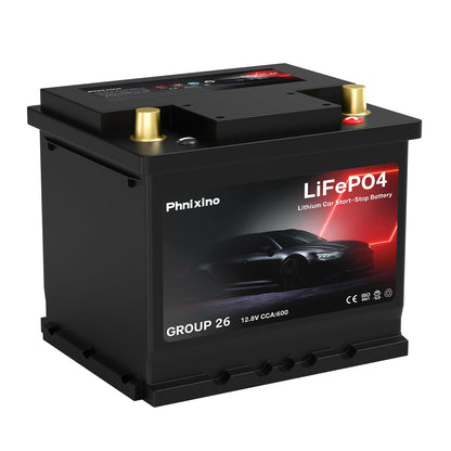 Lithium Car Battery 12V Group 26 Start and Stop, 512WH 600CCA LiFePO4 Automotive Battery For Car, Dimensions 8.14" L x 6.88" W x 7.08" H
