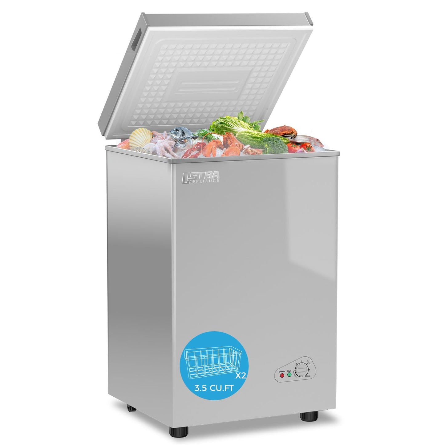 OSTBA 3.5 Cu.Ft Chest Freezer, Compact Deep Freezer with 2 Removable Baskets, Bottom Wheels, 6-Level Temperature Control with Fast Freeze Mode, Energy Saving Quiet Freezer, Silver