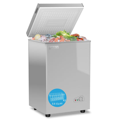 OSTBA 3.5 Cu.Ft Chest Freezer, Compact Deep Freezer with 2 Removable Baskets, Bottom Wheels, 6-Level Temperature Control with Fast Freeze Mode, Energy Saving Quiet Freezer, Silver