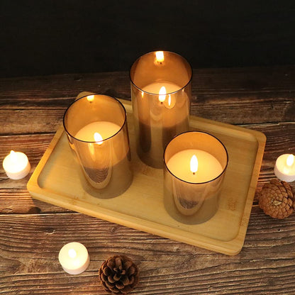 GenSwin Glass Flameless Candles with Remote Battery Operated Flickering LED Pillar Candles Real Wax 3D Wick for Wedding Festival Home Decoration(Gray,Pack of 3)