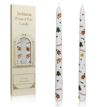 Floral Taper Candles 10 Inch Tall Unscented Handmade Christmas Trees & Gingerbread Man Print Long Burning Elegant Candlesticks for Christmas Decor Gifts