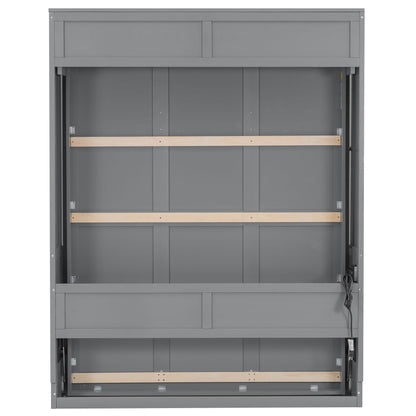 GDFStudio Queen Size Murphy Bed with Desk, LED Lights and USB Charging Ports, Wall-Mounted Space-Saving Bed, Solid MDF + Plywood, Foldable Design, Modern Home Office and Guest Room Solution, Gray