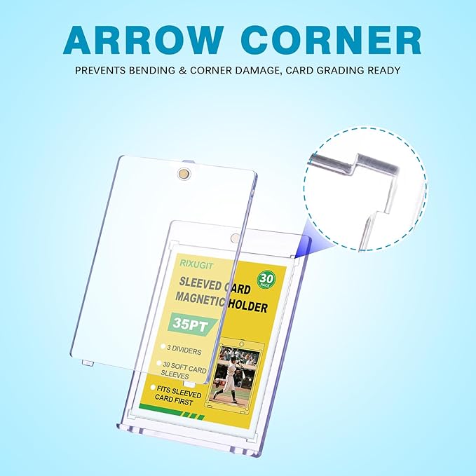 30-Pack Sleeved Card Magnetic Holders - 35pt One Touch Card Holder Includes 30 Soft Soft Card Sleeves Insert Card into Sleeve First Then into Holder Fits Trading Cards Baseball &amp Game Card
